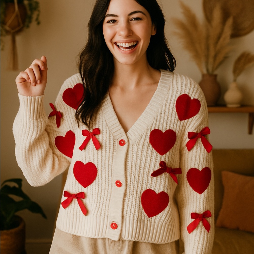 Cozy White Cardigan Sweater with Red Heart & Bow Accents